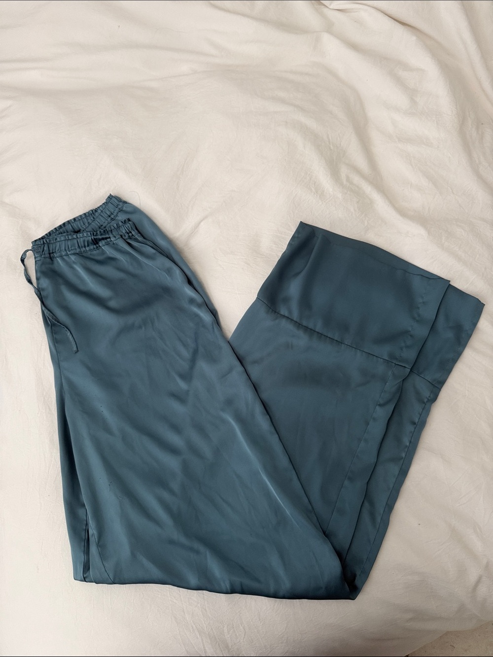 Zara Teal Satin Wide-Leg Sleep Pants